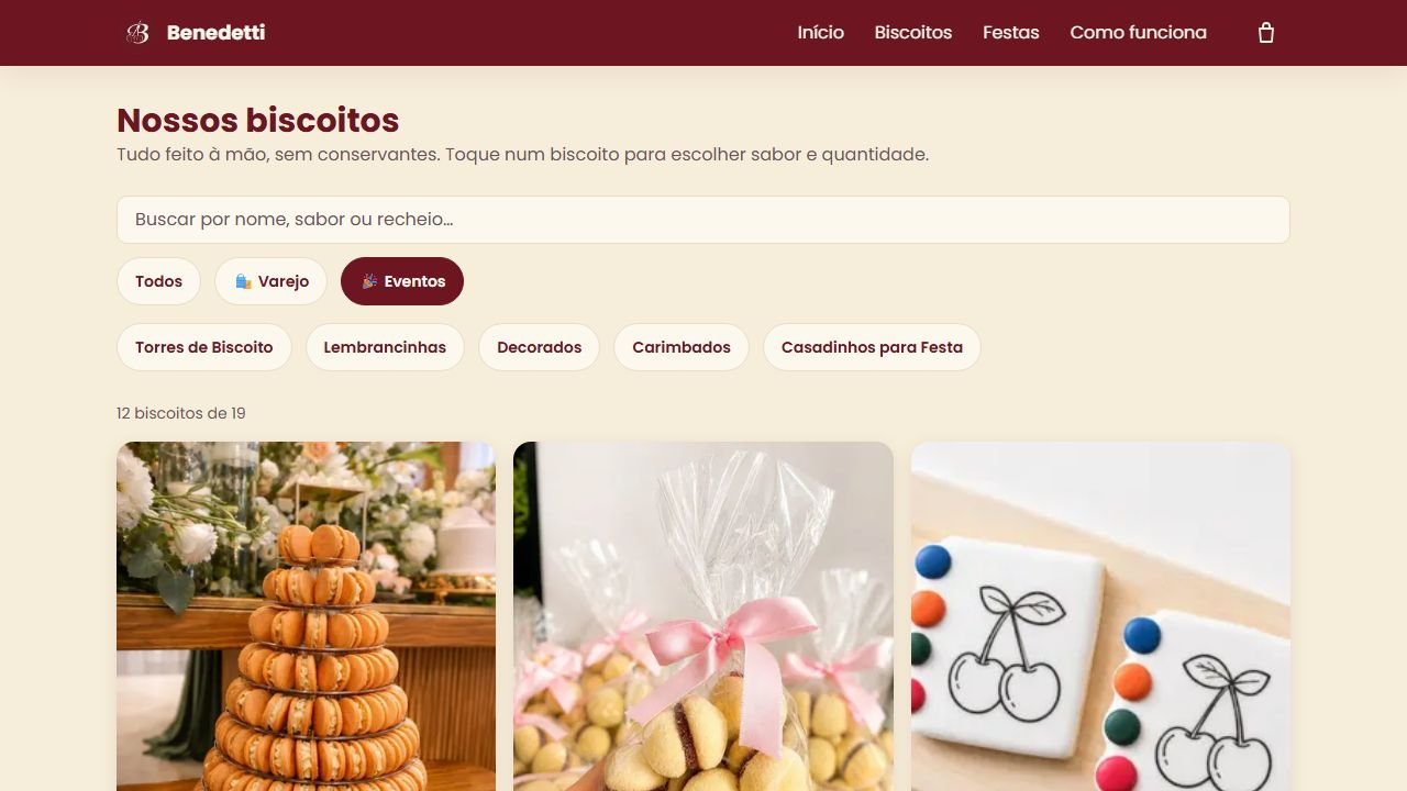 Linha de eventos do site da Benedetti, com torres de biscoito, lembrancinhas, decorados e casadinhos para festa