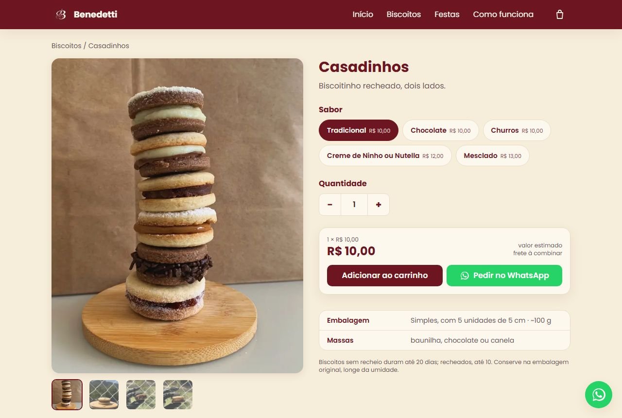 Página de produto do site da Benedetti: foto grande, sabores com preço, quantidade e os botões de adicionar ao carrinho e pedir no WhatsApp